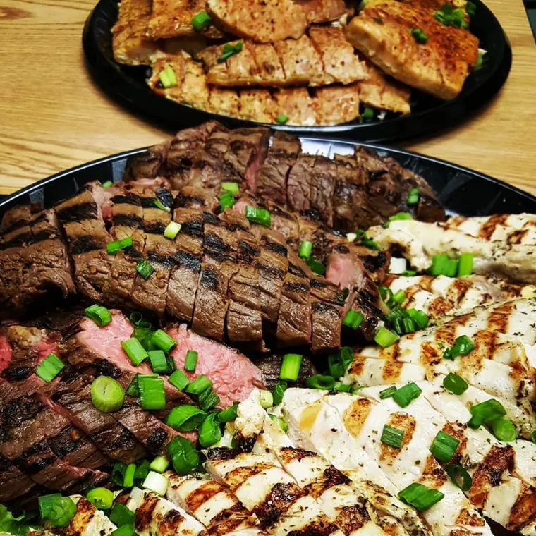 Post Exchange Catering platter of grilled steak, chicken and salmon