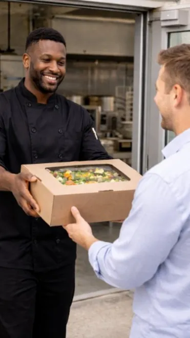 Packaged catering order ready for customer pickup at the Post Exchange Catering kitchen