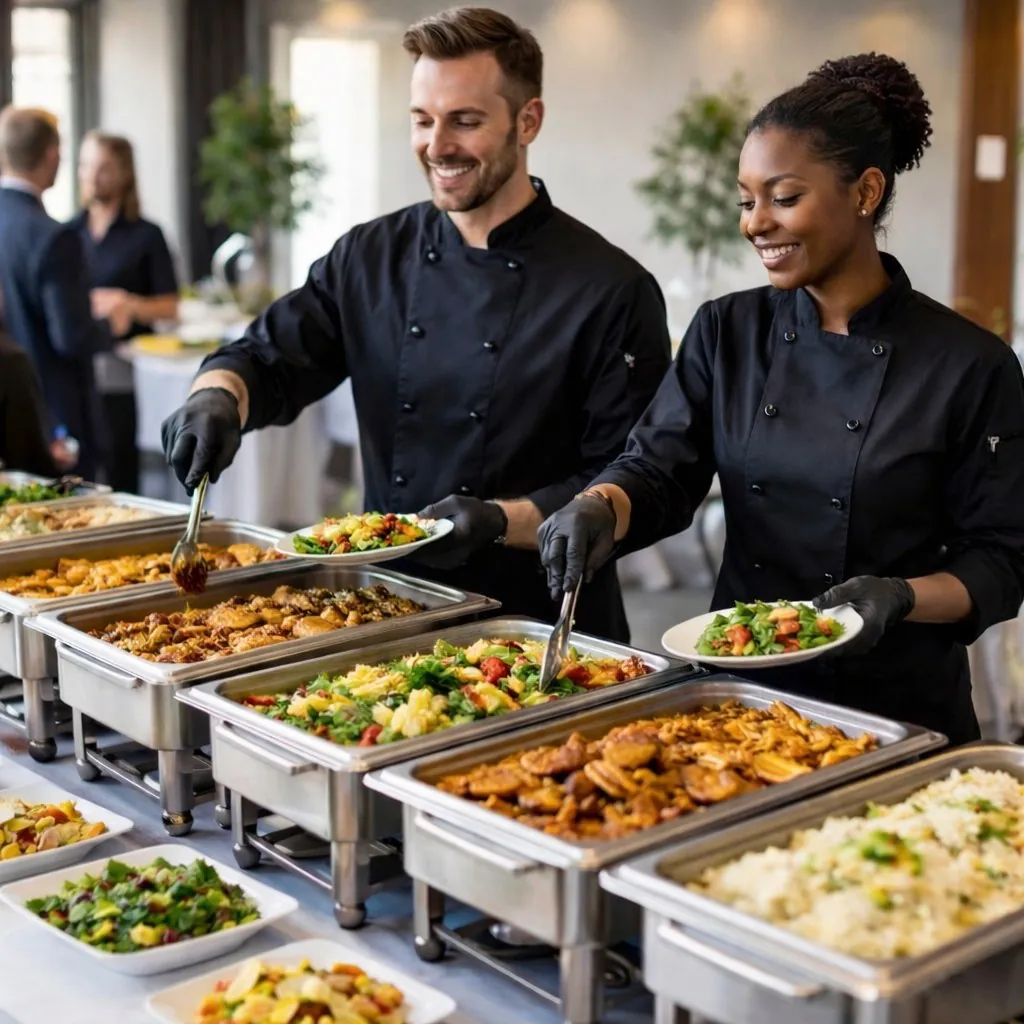 Catering staff serving guests at a staffed corporate event with china and linen napkins
